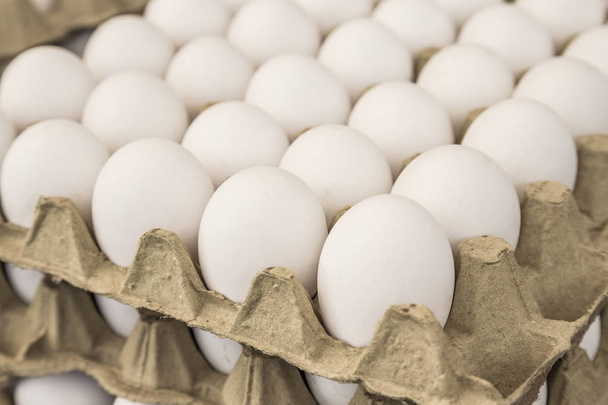 Huevos blancos crudos en expositores de cartón para la venta en un mercado alimentario
 - Foto, imagen