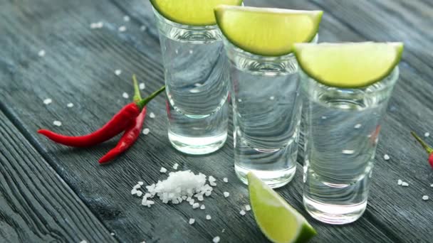 Geserveerd glas schoten gevuld met tequila en segmenten van kalk op houten tafel met hoop zout en chilipeper - Video