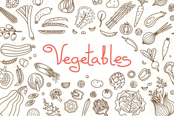 Hintergrund mit verschiedenen Gemüsesorten und einer Beschriftung für Menügestaltung, Rezepte und Produktverpackung. Vektorillustration - Vektor, Bild