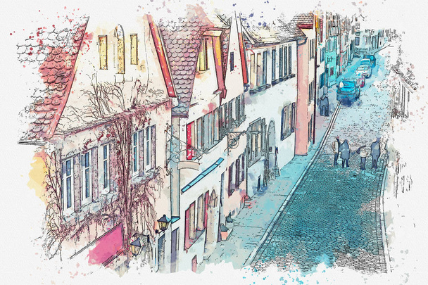 Акварель ескіз або ілюстрація красиві вулиці в der Rothenburg оф Таубер в Німеччині. - Фото, зображення