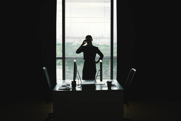 Силуэт деловой женщины, разговаривающей по телефону у окна офиса
 - Фото, изображение