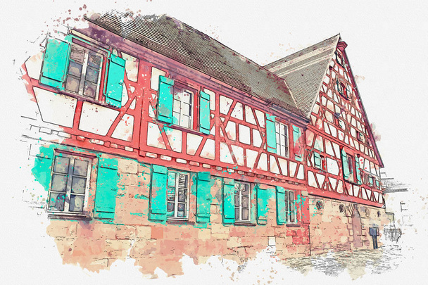 Akwarela szkic lub rysunek tradycyjnej architektury niemieckiej w mieście Furth w Niemczech. - Zdjęcie, obraz
