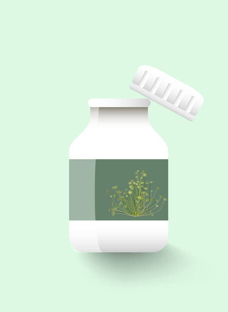 Medicína vitamíny a minerály láhev makety s ručně kreslenou vektorové ilustrace zelených mořských řas Acetabularia nebo skleničku je mořská panna - Vektor, obrázek