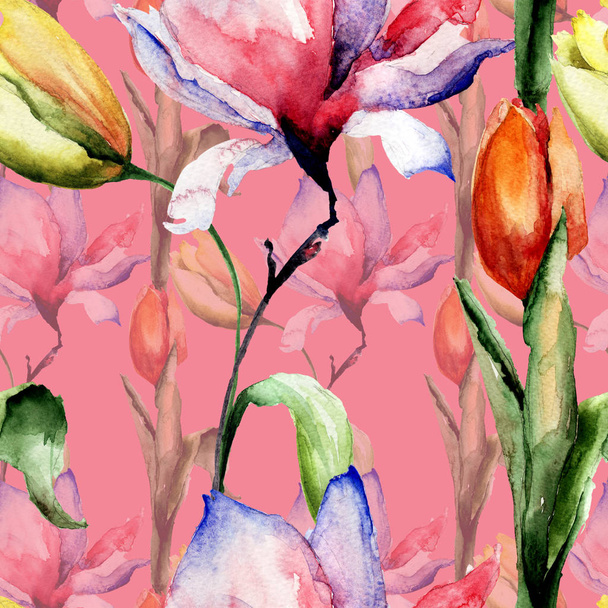 Seamless pattern with Tulips and Magnolia flowers, watercolor illustration, tile for wallpaper or fabri - Fotografie, Obrázek