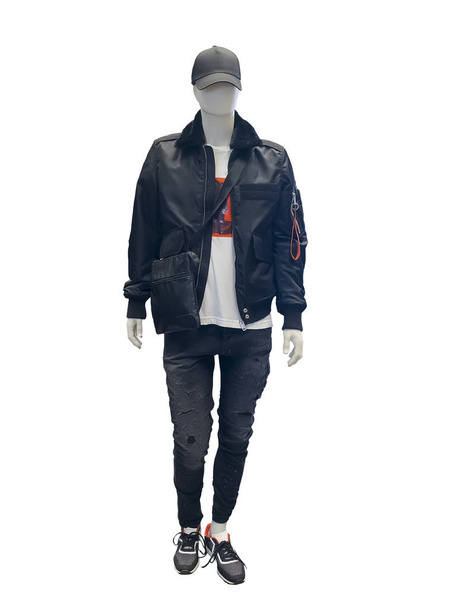 Full-length male mannequin dressed in black jacket with fur collar, isolated on white background. No brand names or copyright objects. - Photo, Image