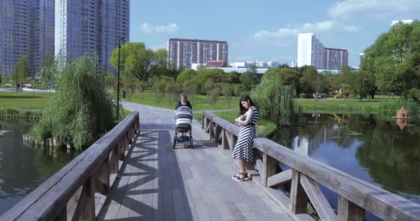 Girls with a child on a wooden bridge - Video
