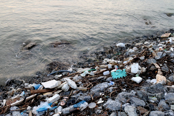 ビーチ汚染、川、有毒廃棄物の廃棄物のゴミ箱のゴミ廃棄物海辺排水、汚い川の水 - 写真・画像