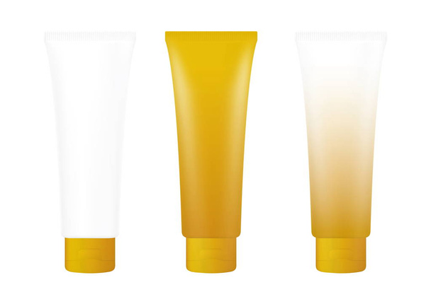 Garrafa de espuma de creme de ouro tubo no fundo branco isolado, cosméticos, tubo de tratamento de creme tubo branco
 - Foto, Imagem