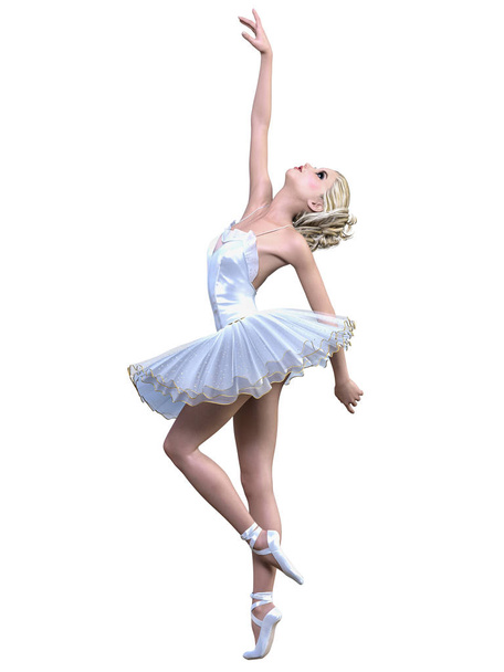 Dancing ballerina 3D. White ballet tutu. Blonde girl with blue eyes. Ballet dancer. Studio photography. High key. Conceptual fashion art. Render realistic illustration. White background. - Foto, imagen