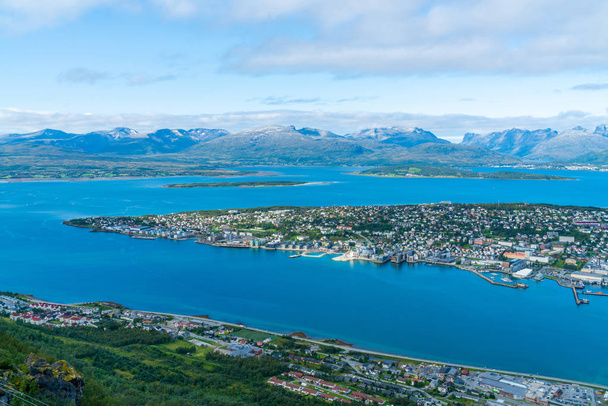 Aerial view of Tromso and Tromsoysundet strait in Norway - Foto, afbeelding