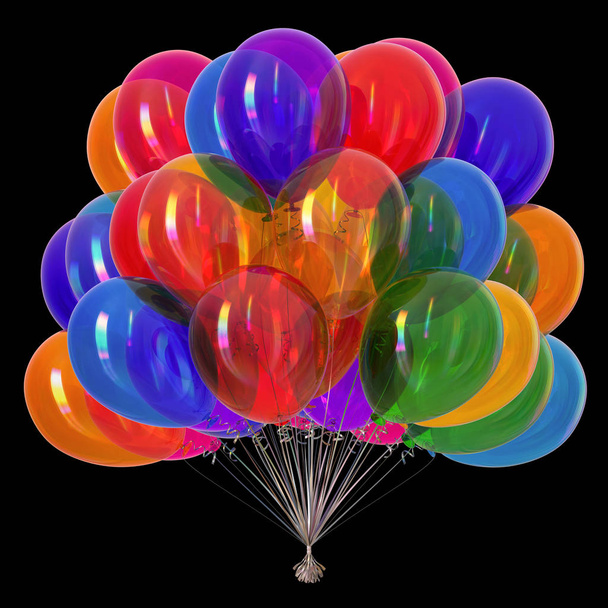party balloons shiny. multicolored birthday colorful decoration. helium balloon bunch glossy different colors. holiday, anniversary celebration greeting card. 3d rendering, isolated on black - Φωτογραφία, εικόνα