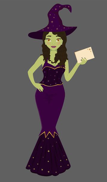Witch with a postcard with your text. Girl in a carnival witch costume for Halloween. Vector illustration. - Vector, Image