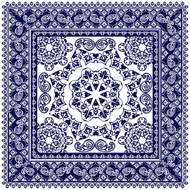 Indigo βαφών τυπωμένο παραδοσιακό μοτίβο paisley. Διάνυσμα στολίδι paisley μπαντάνα Print, τετράγωνο μοτίβο στυλ σχεδιασμού για εκτύπωση σε ύφασμα. - Διάνυσμα, εικόνα