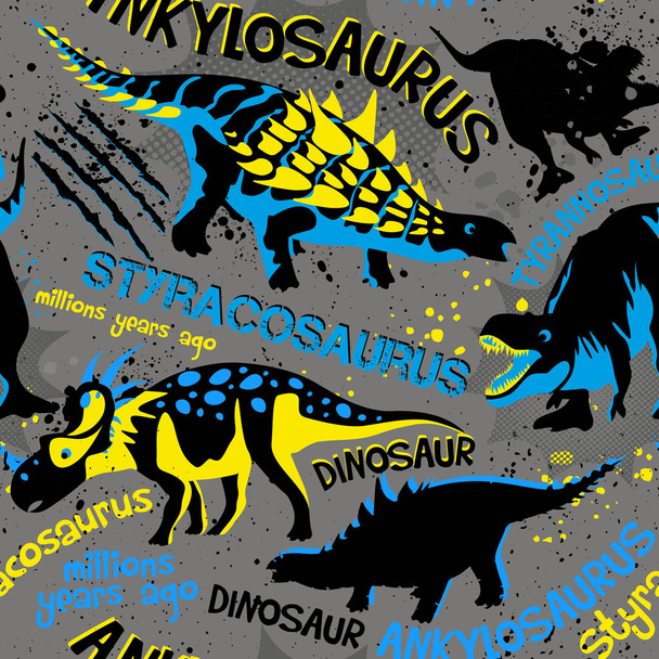 Suosittu moderni tyyli tulostaa dino Styranosaurus T-paitoja, paperia, tekstiilejä ja kangasta. Taustaa dinosaurus pojille. Saumaton kuvio
. - Vektori, kuva