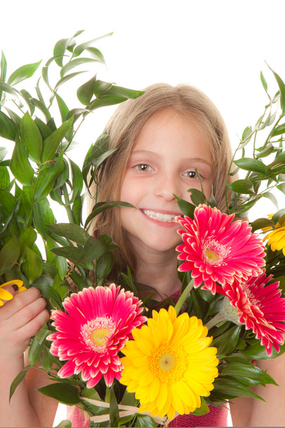 kid with boquet of flowers - Фото, зображення