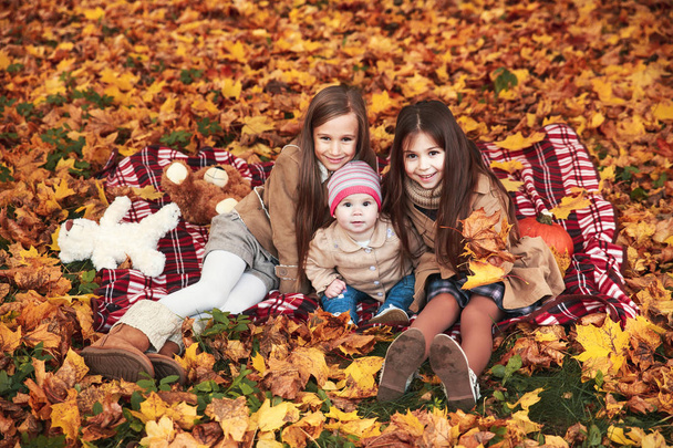 Three happy little girls havinh fun playing with fallen golden leaves - Foto, afbeelding