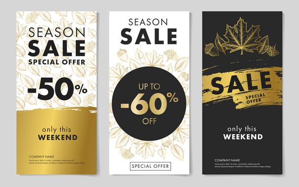 Seasonal sale leaflets templates with autumn pattern in black and gold colors and number typography, modern advertising - Vector, Imagen