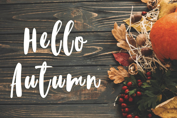 こんにちは秋のテキスト。こんにちは秋のサインオン、カボチャ、秋野菜のカラフルな葉、どんぐり、木の実、素朴な木製のテーブルの上の果実。秋の季節のグリーティング カード。大気のイメージ - 写真・画像