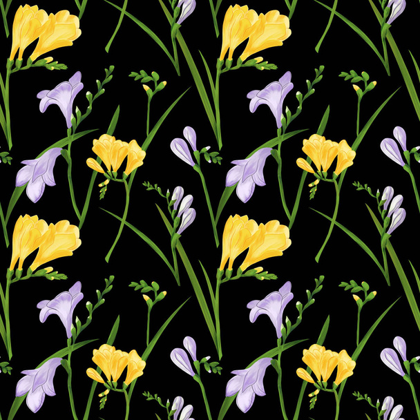 Seamless pattern with colorful freesias and grasses. Fabric wallpaper print texture on black background. - Foto, Imagem