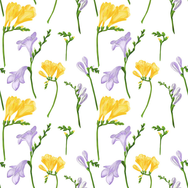 Seamless pattern with colorful freesia flowers and buds. Fabric wallpaper print texture on white background. - Foto, immagini