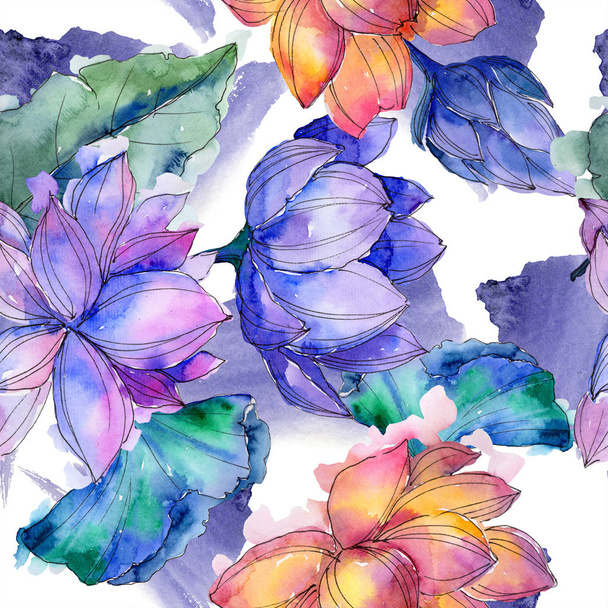 Watercolor colorful lotus flower. Floral botanical flower. Seamless background pattern. Fabric wallpaper print texture. Aquarelle wildflower for background, texture, wrapper pattern, frame or border. - Zdjęcie, obraz