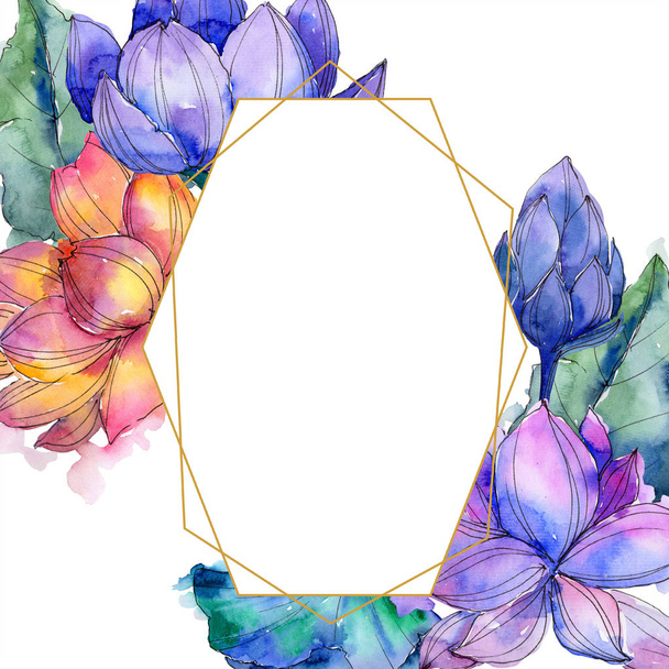 Watercolor colorful lotus flower. Floral botanical flower. Frame border ornament square. Aquarelle wildflower for background, texture, wrapper pattern, frame or border. - Photo, Image