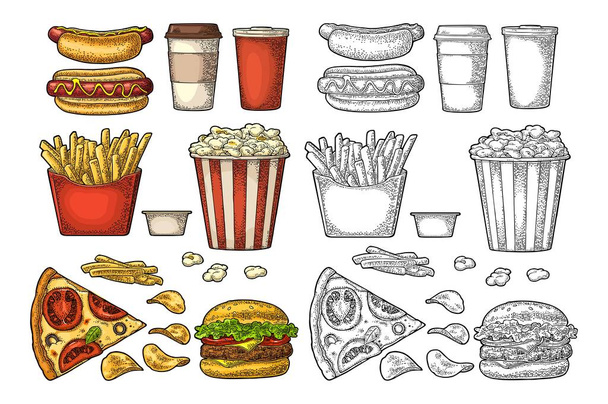 Nastavení rychlého občerstvení. Hrneček cola, káva, hranolky, hamburger, pizza, hotdog, smažit brambory v papírové krabičce, krabička plechovka popcorn, kečup. Vektor vintage barva gravírování obrázku izolované na bílém pro menu - Vektor, obrázek
