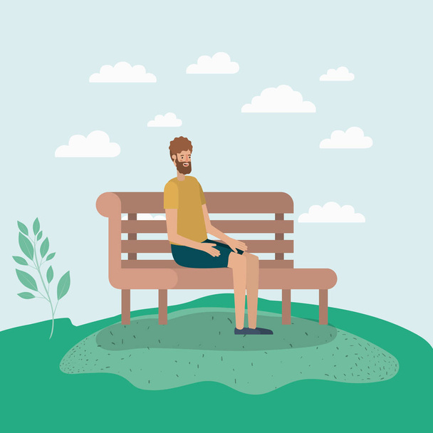 молодий чоловік сидить на стільці парку
 - Вектор, зображення
