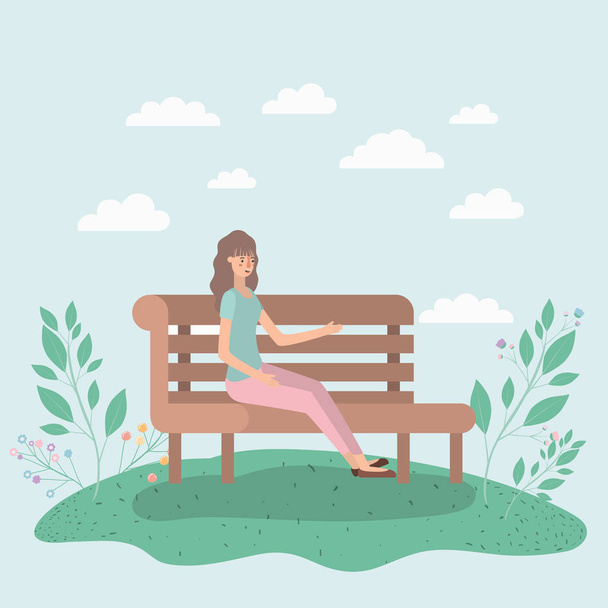 公園の椅子に座っている美しい女性 - ベクター画像