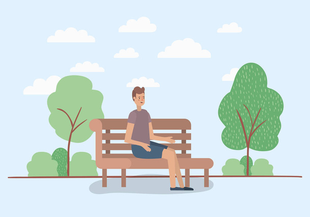 Junger Mann sitzt auf Parkstuhl - Vektor, Bild