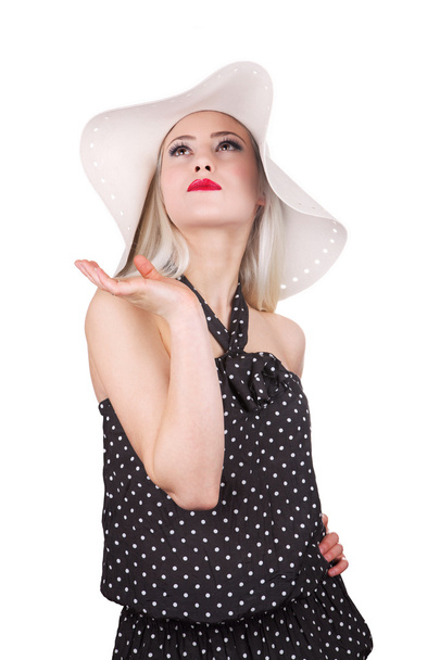 Attractive woman with hat and red lipstick - 写真・画像
