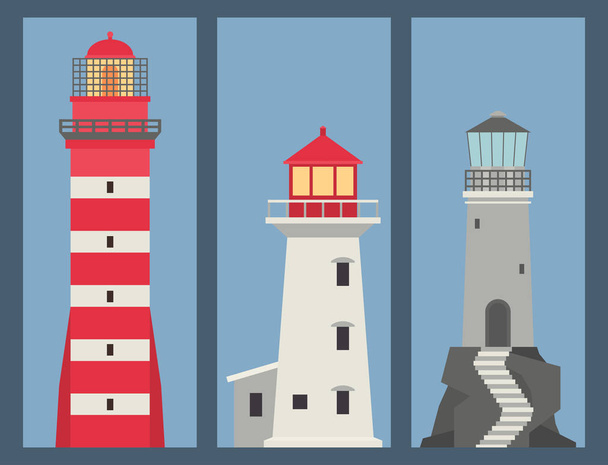 Lighthouses vector banner flat searchlight towers for maritime navigation guidance ocean beacon light safety security symbol illustration. - Vetor, Imagem