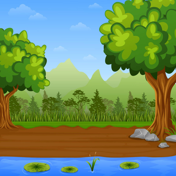 Hierba verde con pinos y lago azul sobre un fondo montañoso
 - Vector, imagen