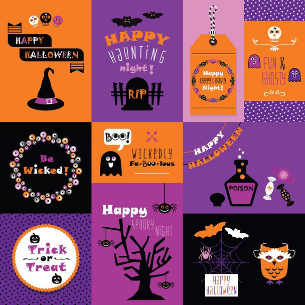 オレンジ、ピンクと紫のハッピーハロウィン ミニ カード セット - かわいい漫画のアイコン、点線のパターンとメッセージ エンブレムと美しいデザイン - ベクター画像