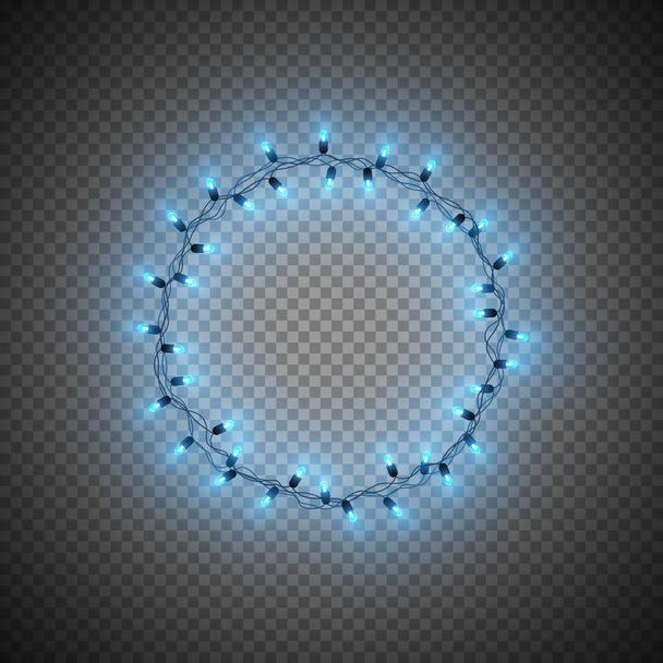 Christmas decorative realistic garland with shiny blue glowing lights, round frame, isolated on transparent background, vector illustration - Vettoriali, immagini