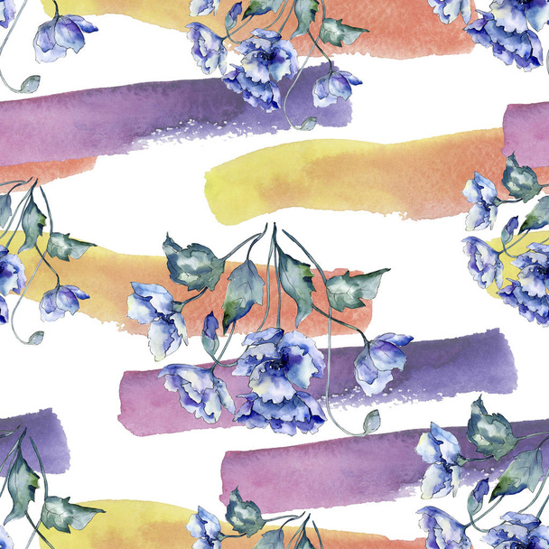 Watercolor bouquet of blue poppies flowers. Floral botanical flower. Seamless background pattern. Fabric wallpaper print texture.Aquarelle wildflower for background, texture, wrapper pattern, border. - 写真・画像