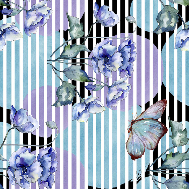 Watercolor bouquet of blue poppies flowers. Floral botanical flower. Seamless background pattern. Fabric wallpaper print texture.Aquarelle wildflower for background, texture, wrapper pattern, border. - Photo, image