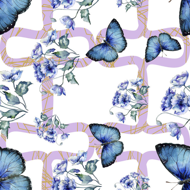 Watercolor bouquet of blue poppies flowers. Floral botanical flower. Seamless background pattern. Fabric wallpaper print texture.Aquarelle wildflower for background, texture, wrapper pattern, border. - Photo, image
