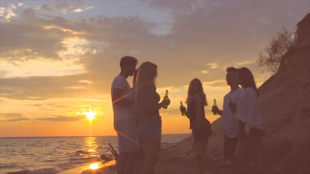 Przyjaciele brzęk butelek piwa na plaży podczas zachodu słońca. - Materiał filmowy, wideo