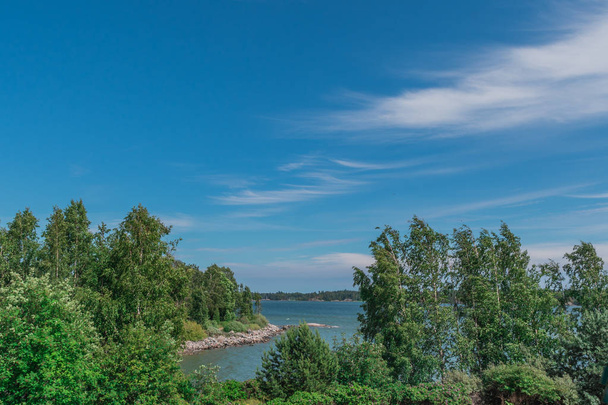 Landscape of Helsinki, Finland. View from an island over the city. Scandinavian landscape. Finnish harbour. - Фото, изображение