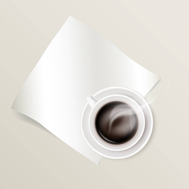 Mockup of a sheet of paper and steaming hot coffee in a white ceramic cup on a round saucer. Realistic vector illustration - Vector, Image