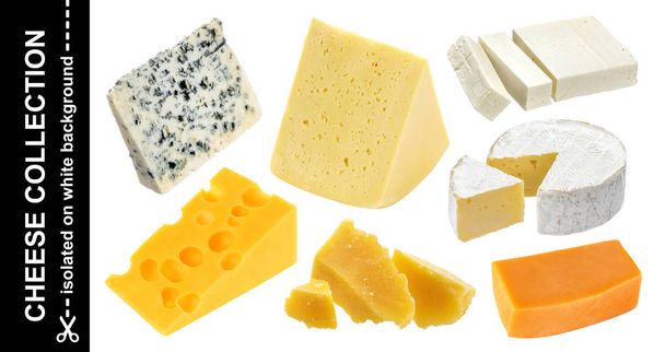 Různé typy sýrů, samostatný. Čedar, parmezán, ementál, blu sýr, hermelín, sýr feta na bílém pozadí - Fotografie, Obrázek