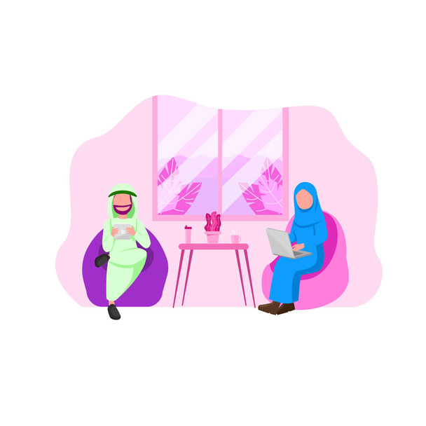 Αραβική άνδρας και γυναίκα χρησιμοποιώντας Gadget, εργαζόμενος εξ αποστάσεως επίπεδη διανυσματικά εικονογράφηση - Διάνυσμα, εικόνα