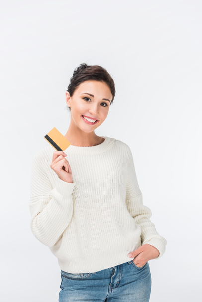 mutlu kadın kredi kartı üzerinde beyaz izole gösteren  - Fotoğraf, Görsel