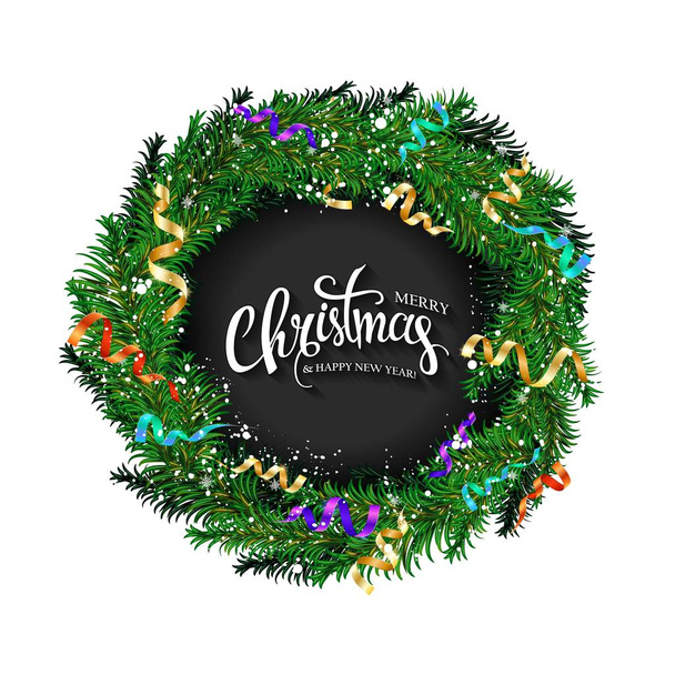 Χριστουγεννιάτικη κάρτα με ένα στεφάνι από κλαδιά έλατου, Χριστουγεννιάτικες μπάλες, κομφετί και νιφάδες χιονιού με μια καλλιγραφική επιγραφή ψηλά στη μέση. Πρόσκληση σε πάρτι ή Ευχετήρια κάρτα. Εικονογράφηση διάνυσμα - Διάνυσμα, εικόνα