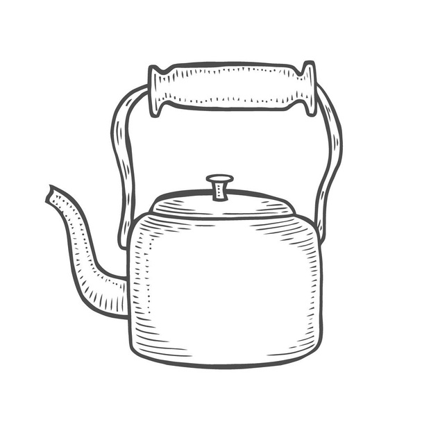 Vintage metallic kettle isolated on white in a graphic style. Drawing by hand. tea time. Vector Illustration stylized engraving. - Вектор, зображення