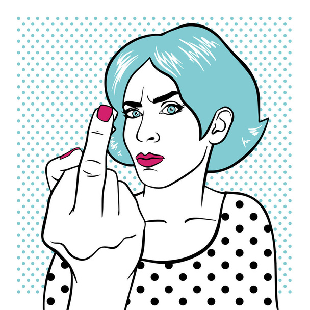 Злая женщина показывает ебать тебя символ в стиле поп-арта
 - Вектор,изображение