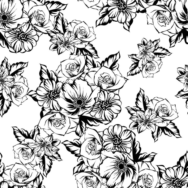 Seamless vintage style flower pattern. Floral elements in contour - Wektor, obraz