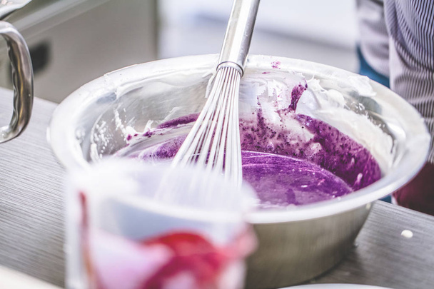 purple cream cheese and whisk in metal bowl preparing for bake cake - Φωτογραφία, εικόνα