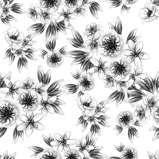 Seamless vintage style flower pattern. Floral elements in contour - Vector, Image